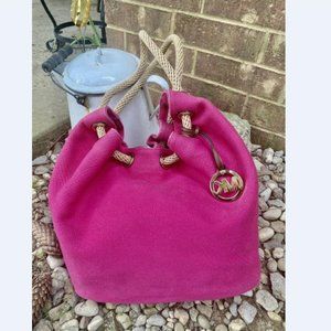 Michael Kors Pink Canvas Marina X-Large Rope Drawstring Shoulder Hobo Bag.
